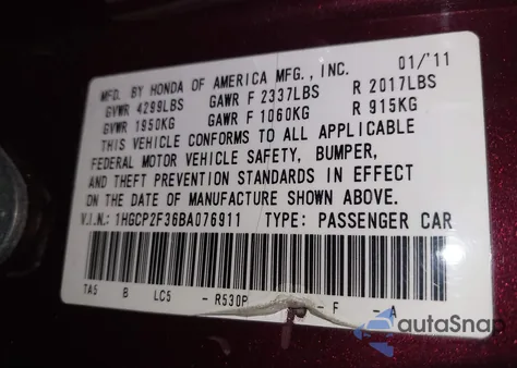 2011 Honda Accord 2.4 Lx from USA, damaged, VIN 1HGCP2F36BA076911